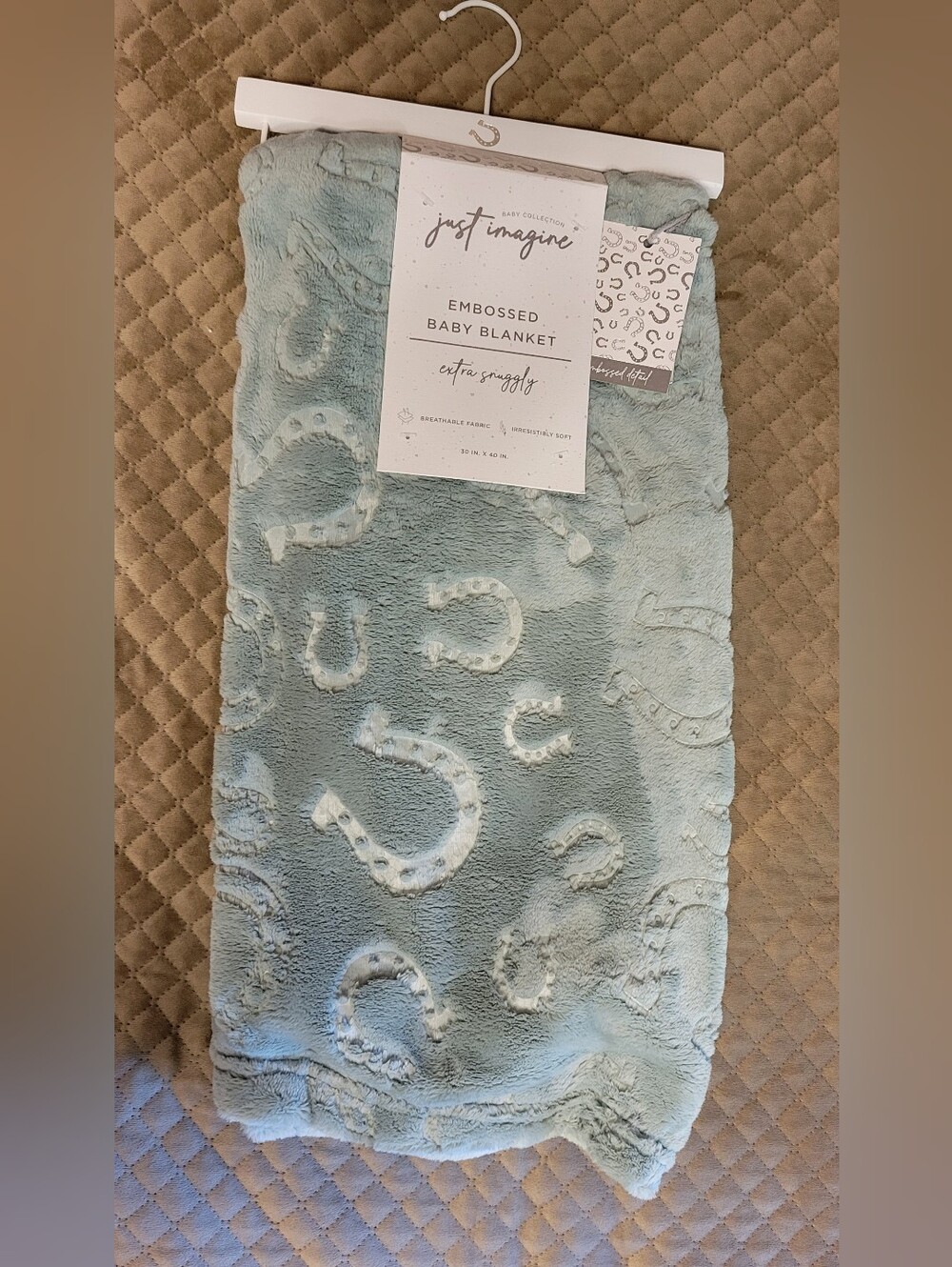 New Just Imagine Embossed Baby Blanket Turquoise Blue With Horseshoes, Western
